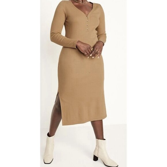 Old Navy Ribbed Knit Midi 3X Dress V Neck Long Sleeve Front Button w/Side Slits - Picture 3 of 11